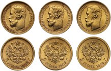 g Russia, Nicholas II (1894-1917), gold 5-Roubles 1899-ФЗ, 1902-АР, 1904-АР, St Petersburg mint (Bit. 24, 29, 31; Fr. 180). Good fine to very fine. (3...