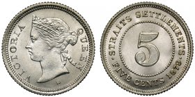 Straits Settlements, Victoria (1837-1901), silver 5-Cents 1879H, 8 over sideways 8 (KM 16 for type). Choice uncirculated and rare. 

Very rare type ...