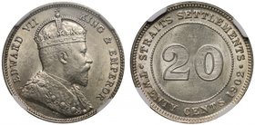 Straits Settlements, Edward VII (1901-10), silver 20-Cents, 1902 (KM 22). In NGC holder graded MS63.