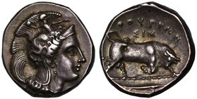 Lucania, Thurium (c. 350 B.C.), silver Stater, head of Athena facing right, wearing a crested Attic helmet decorated with Scylla hurling a rock, rev. ...