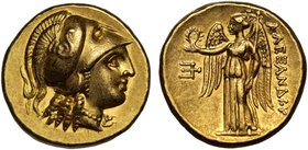 Kingdom of Macedon, Alexander III, The Great (336-323 B.C.), gold Stater, mint of Amphipolis, struck c. 330-320 B.C., head of Athena facing right, wea...