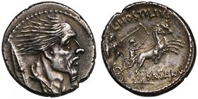 Roman Republic, L. Hostilius Saserna (48 B.C.), silver Denarius, mint of Rome, head of a Gallic captive right (Vercingetorix?), his hair flowing back,...