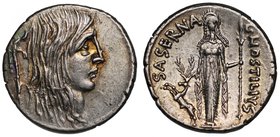 Roman Republic, L. Hostilius Saserna (48 B.C.), silver Denarius, mint of Rome, bare head of Gallia with long hair right, Gallic trumpet behind, rev. D...