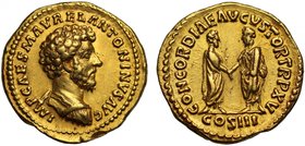 Roman Empire, Marcus Aurelius (A.D. 161-180), gold Aureus, mint of Rome, AD 161, IMP CAES M AVREL ANTONINVS AVG, draped and cuirassed bust with bare h...