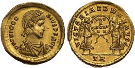 Roman Empire, Theodosius I (A.D. 379-395), gold Solidus, mint of Constantinople, struck A.D. 388-92, D N THEODOSIVS P F AVG, rosette-diademed, draped ...