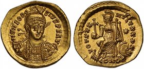 Roman Empire, Theodosius II (A.D. 402-450), gold Solidus, mint of Constantinople, struck A.D. 430-40, D N THEODOSIVS P F AVG, pearl-diademed, helmeted...