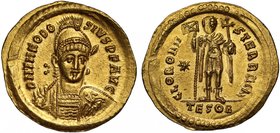 Roman Empire, Theodosius II (A.D. 402-450), gold Solidus, mint of Thessalonica, struck c. A.D. 424-30, D N THEODOSIVS P F AVG, pearl-diademed, helmete...