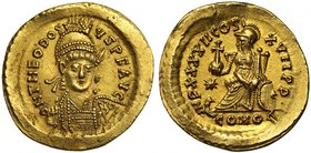Roman Empire, Theodosius II (A.D. 408-450), gold Solidus, mint of Constantinople A.D. 441-450, DN THEODOSI-VS PF AVG, bust almost facing, rev. IMP XXX...