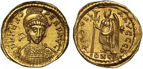 Roman Empire, Zeno (A.D. 474-491), gold Solidus, mint of Constantinople, D N ZENO PERP AVG, pearl-diademed, helmeted and cuirassed bust facing, slight...