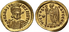 Byzantine Empire, Anastasius I (A.D. 491-518), gold Solidus, mint of Constantinople, D N ANASTASIVS PP AVG, pearl-diademed, helmeted and cuirassed bus...