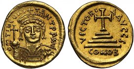 Byzantine Empire, Tiberius II Constantine (A.D. 578-582), gold Solidus, mint of Carthage, TIb CONSTANT PP AV, crowned and cuirassed bust facing, holdi...
