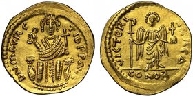 Byzantine Empire, Maurice Tiberius (A.D. 582-602), gold Solidus, mint of Constantinople, struck A.D. 583/4, D N MAVRC TIb PP AVG, Maurice, as Consul, ...