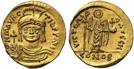 Byzantine Empire, Maurice Tiberius (A.D. 582-602), gold Solidus, uncertain mint (Constantinople / Antioch?), O N MAVIC TIb PP AVI, draped and cuirasse...