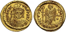 Byzantine Empire, Maurice Tiberius (A.D. 582-602), gold Solidus, mint of Constantinople, O N MAVRC TIb PP AVI, draped and cuirassed bust facing, weari...