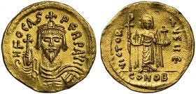 Byzantine Empire, Focas (A.D. 602-610), gold Solidus, mint of Constantinople, officina E, DN FOCAS PERP AVC bust facing, holding globus cruciger, rev....