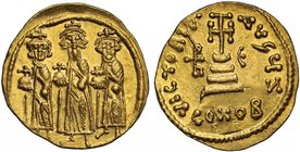 Byzantine Empire, Heraclonas (A.D. 641), gold Solidus, mint of Constantinople, figures of Heraclius, Heraclius Constantine and Heraclonas standing fac...