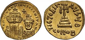 Byzantine Empire, Constans II & Constantine IV (A.D. 654-668), gold Solidus, mint of Constantinople, O N CONSTANTINUS C CONSTAN, crowned busts of Cons...