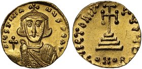 Byzantine Empire, Justinian II (A.D. 685-695), gold Solidus, mint of Constantinople, D IUSTINIANUS PE AV, crowned bust facing, wearing a chlamys, hold...
