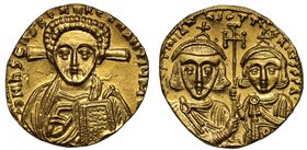 Byzantine Empire, Justinian II & Tiberius (A.D. 705-711), gold Solidus, mint of Constantinople, O N IhS ChS REX REGNANTIUM, facing bust of Christ, a c...