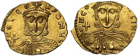 Byzantine Empire, Leo III & Constantine V (A.D. 720-741), gold Solidus, mint of Syracuse, CNO LEO P A MUL, crowned bust of Leo III facing, wearing a c...