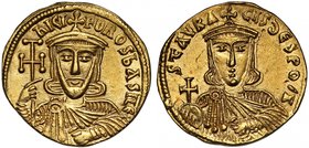 Byzantine Empire, Nicephorus I & Stavracius (A.D. 803-811), gold Solidus, mint of Constantinople, nICIFOROS bASILEI, crowned bust facing, wearing a ch...