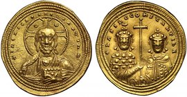 Byzantine Empire, Basil II & Constantine VIII (A.D. 975-1025), gold Histamenon, mint of Constantinople, +IhS XIS REX REGNANTInM, facing bust of Christ...