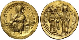 Byzantine Empire, Romanus III (A.D. 1028-1034), gold Histamenon, mint of Constantinople, +IhS XIS REX REGNANTInM, Christ enthroned facing, wearing a n...