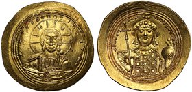 Byzantine Empire, Constantine IX (A.D. 1042-1055), gold Histamenon, mint of Constantinople, +IhS XIS REX REGNANTInM, facing bust of Christ, wearing a ...