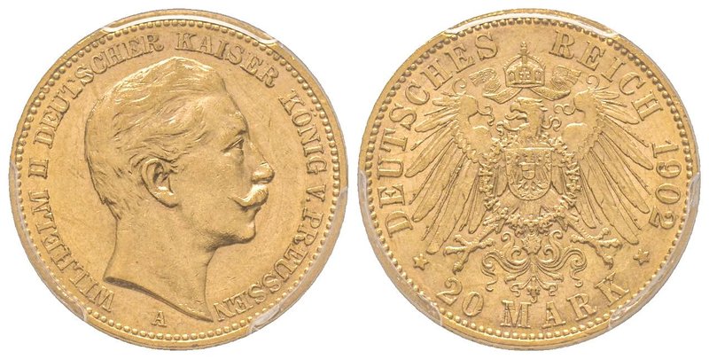 Prussia, Wilhelm II, 1888-1918
20 Mark 1902 A, AU 7.96 g.
Ref : Fr. 3831
PCGS MS...