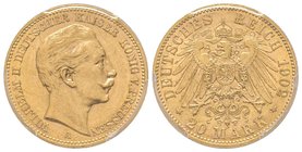 Prussia, Wilhelm II, 1888-1918
20 Mark 1902 A, AU 7.96 g.
Ref : Fr. 3831
PCGS MS62