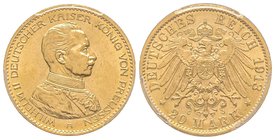 Prussia, Wilhelm II, Military bust
20 Mark 1913 A, AU 7.96 gr.
Ref : Fr. 3833
PCGS MS63