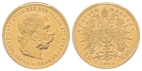 Austria, Franz Joseph, 1848-1916
10 Couronnes, 1905, AU 3.39 g. 
Ref : Fr. 506, KM#2805 
PCGS AU58