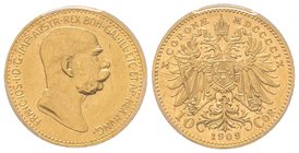 Austria, Franz Joseph, 1848-1916
10 Couronnes, 1909, Small Head, AU 3.39 g. 
Ref : Fr. 512, KM#2815
PCGS MS61