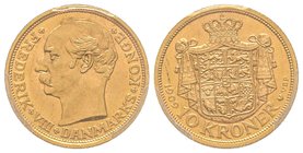 Danemark, Frederik VIII 1906-1912
10 Kroner, 1909 VBP, AU 4.5 g. 
Ref : Fr. 297, KM#810 
PCGS MS62