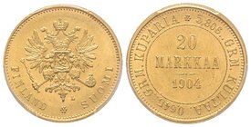 Finland, Nicholas II 1894-1917
20 Markkaa, 1904 L, AU 6.45 g.
Ref : Fr. 3, KM#9.2
PCGS MS63