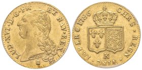 Louis XVI 1774-1792
Double Louis d'or à la tête nue, 1er sem., Bordeaux, 1786 K, AU 15.2 g.
Ref : G.363 (R), Fr. 474
PCGS AU58