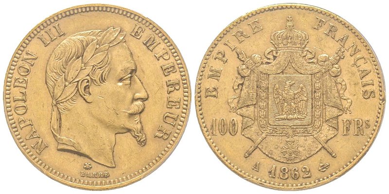 Second Empire 1852-1870
100 Francs, Paris, 1862 A, AU 32.25 g.
Ref : G.1136, Fr....