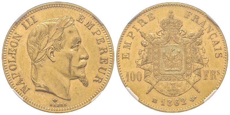 Second Empire 1852-1870 
100 Francs, Strasbourg, 1862 BB, AU 32.25 g. 
Ref : G.1...