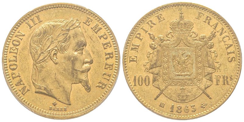Second Empire 1852-1870 
100 Francs, Strasbourg, 1863 BB, AU 32.25 g. 
Ref : G.1...