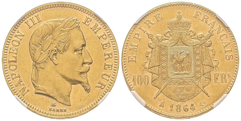Second Empire 1852-1870
100 Francs, Paris, 1864 A, AU 32.25 g.
Ref : G.1136, Fr....