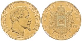 Second Empire 1852-1870
100 Francs, Paris, 1864 A, AU 32.25 g.
Ref : G.1136, Fr. 580 
NGC AU58 
Quantité : 5536 exemplaires. Rare