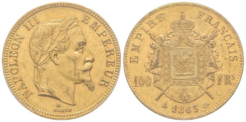 Second Empire 1852-1870 
100 Francs, Paris, 1865 A, AU 32.25 g. 
Ref : G.1136, F...
