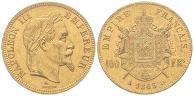 Second Empire 1852-1870 
100 Francs, Paris, 1865 A, AU 32.25 g. 
Ref : G.1136, Fr. 580 
PCGS MS61
Quantité : 1517 ex. Très rare.