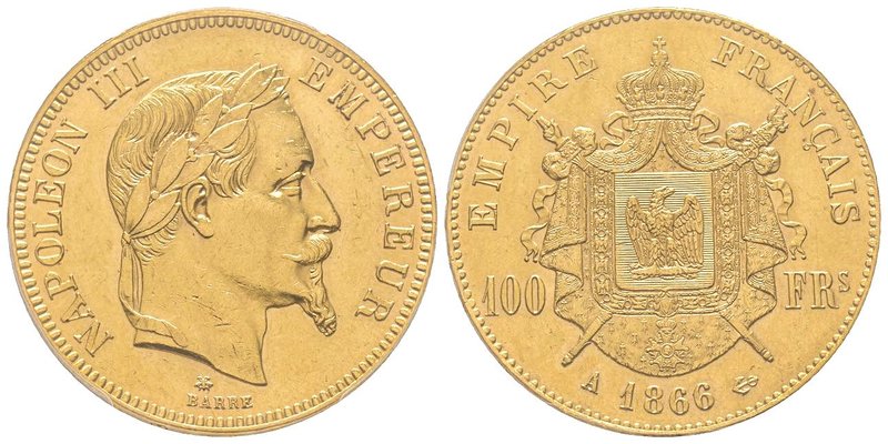 Second Empire 1852-1870 
100 Francs, Paris, 1866 A, AU 32.25 g. 
Ref : G.1136, F...