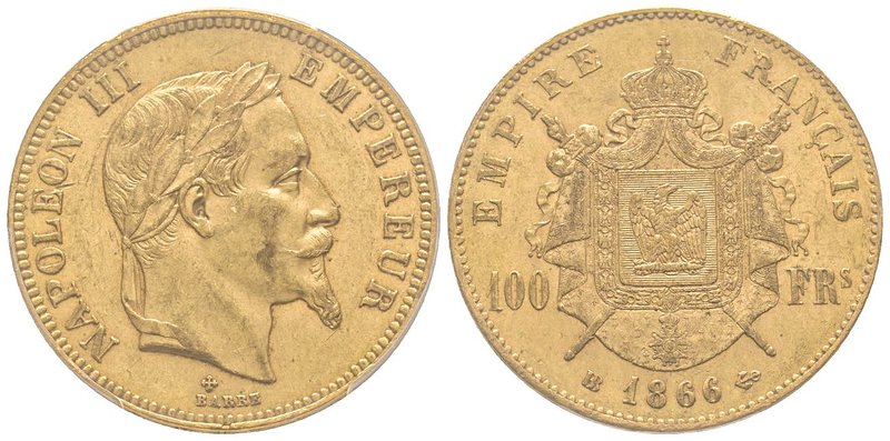 Second Empire 1852-1870 
100 Francs, Strasbourg, 1866 BB, AU 32.25 g. 
Ref : G.1...