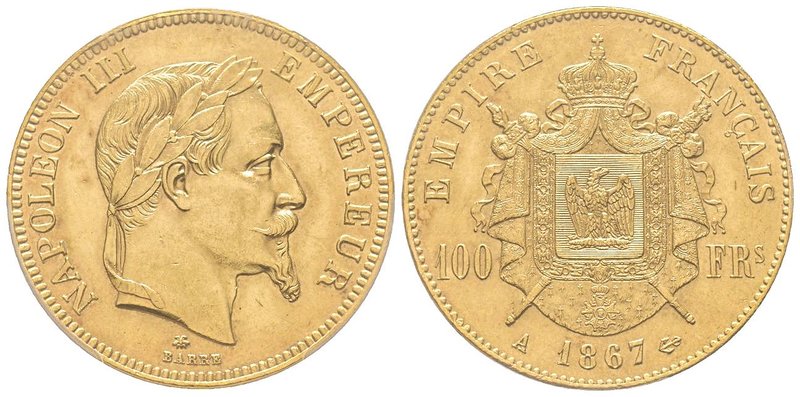 Second Empire 1852-1870 
100 Francs, Paris, 1867 A, AU 32.25 g. 
Ref : G.1136, F...