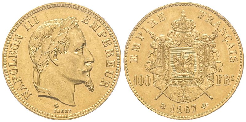Second Empire 1852-1870 
100 Francs, Strasbourg, 1867 BB, AU 32.25 g. 
Ref : G.1...