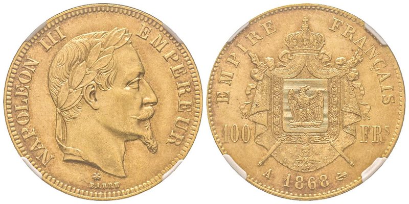 Second Empire 1852-1870 
100 Francs, Paris, 1868 A, AU 32.25 g. 
Ref : G.1136, F...