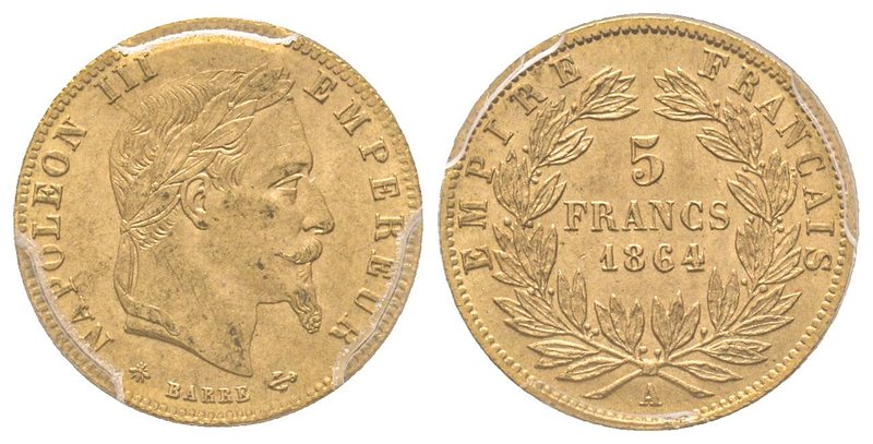 Second Empire 1852-1870
5 Francs tête laurée, Paris, 1864 A, AU 1.61 g.
Ref : G....