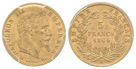 Second Empire 1852-1870
5 Francs tête laurée, Paris, 1864 A, AU 1.61 g.
Ref : G.1002, Fr. 588
PCGS MS64